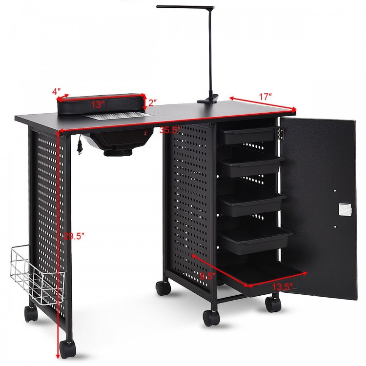 Deluxe salon manicure table with black steel frame, electric downdraft vent, and 5 removable drawers for organized.