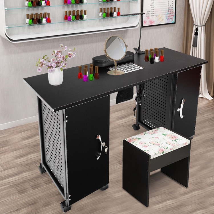 Deluxe salon manicure table with smooth-rolling casters for easy mobility, sturdy black steel frame, and spacious.