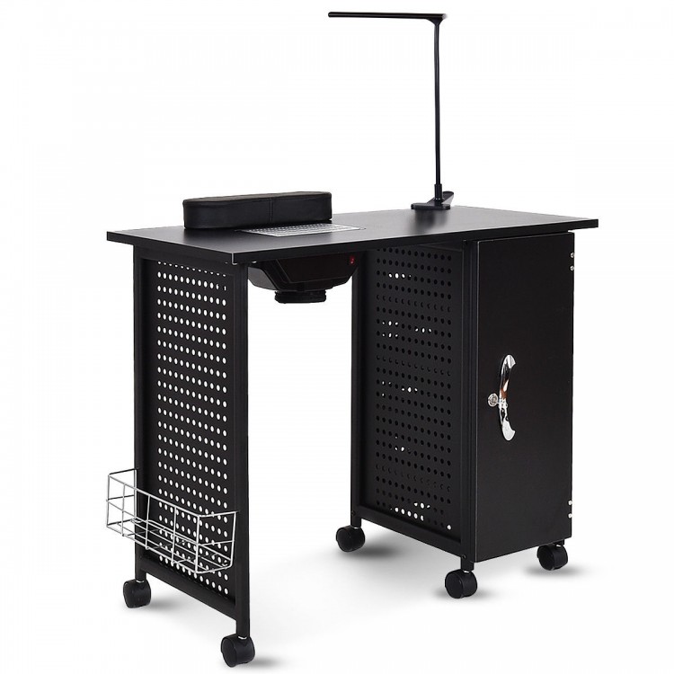 Deluxe steel-frame manicure table in black with locking cabinet, 5 drawers, downdraft vent, and swing-arm lamp for.