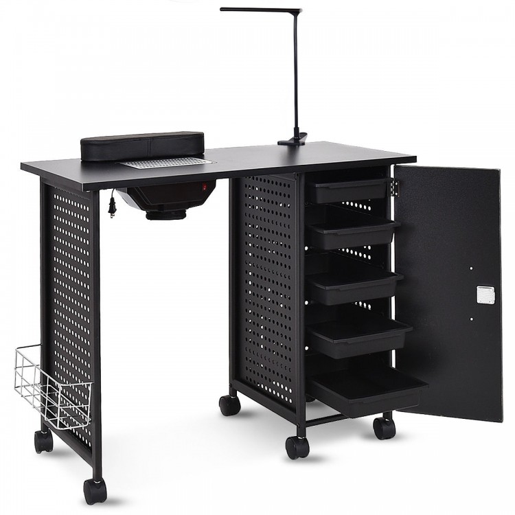 Deluxe salon manicure table with black steel frame, 5 removable drawers, electric downdraft vent, and swing-arm lamp.