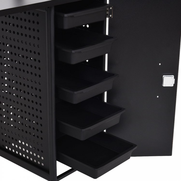 Deluxe salon manicure table with black steel frame and five removable plastic drawers for organized storage.
