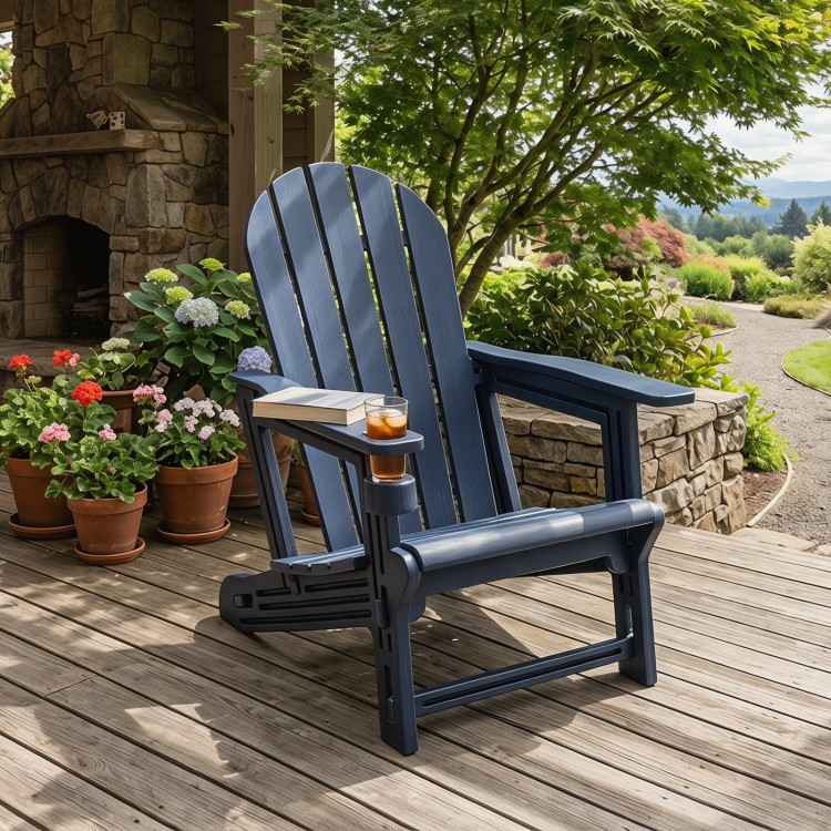 Blue HDPE Adirondack chair with cup holder features a wood-like texture, perfect for relaxing on your patio or garden.