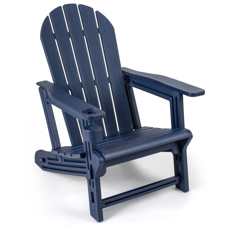 Navy blue HDPE Adirondack chair with cup holder features a wood-like texture, perfect for patio relaxation.