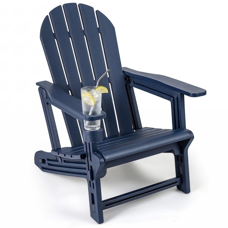 Blue HDPE Adirondack chair with cup holder features a wood-like texture, perfect for relaxing on the patio or poolside.