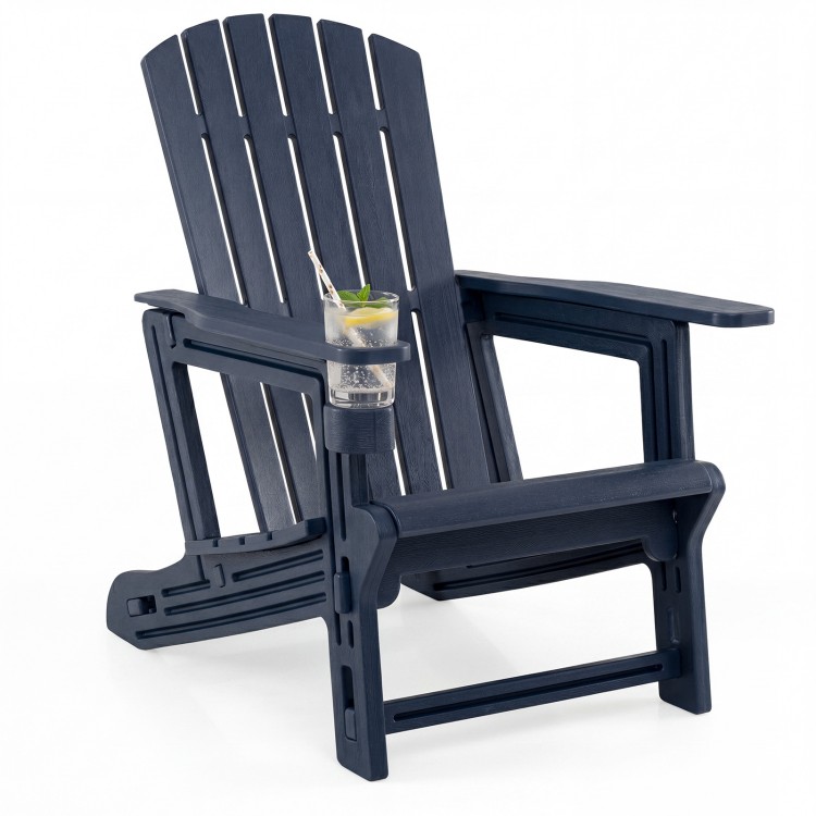Blue HDPE Adirondack chair with cup holder and wood-like texture, designed for outdoor relaxation and stability.
