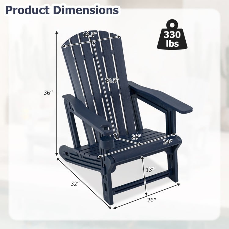 Blue HDPE Adirondack chair with cup holder and wood-like texture, designed for outdoor relaxation and supports 330 lbs.