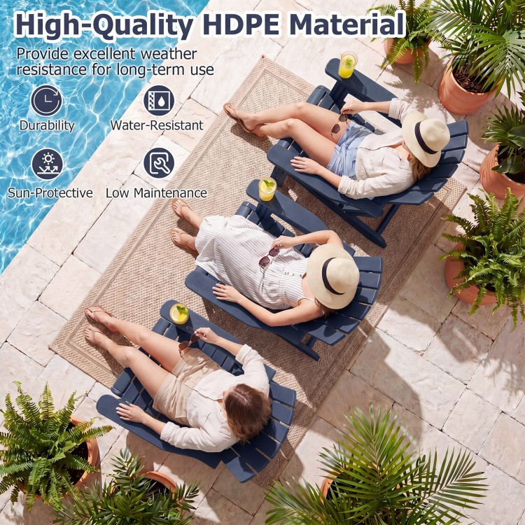 HDPE Adirondack chair in blue features a high back, cup holder, and wood-like texture for comfortable outdoor lounging.