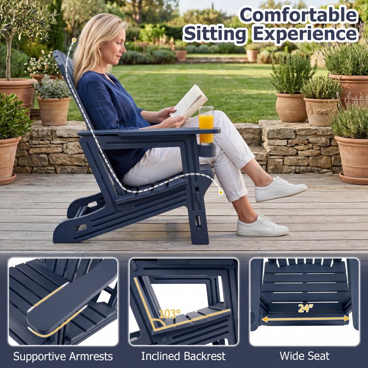 Blue HDPE Adirondack chair with cup holder features a wide seat, supportive armrests, and a 103° inclined backrest for comfort.
