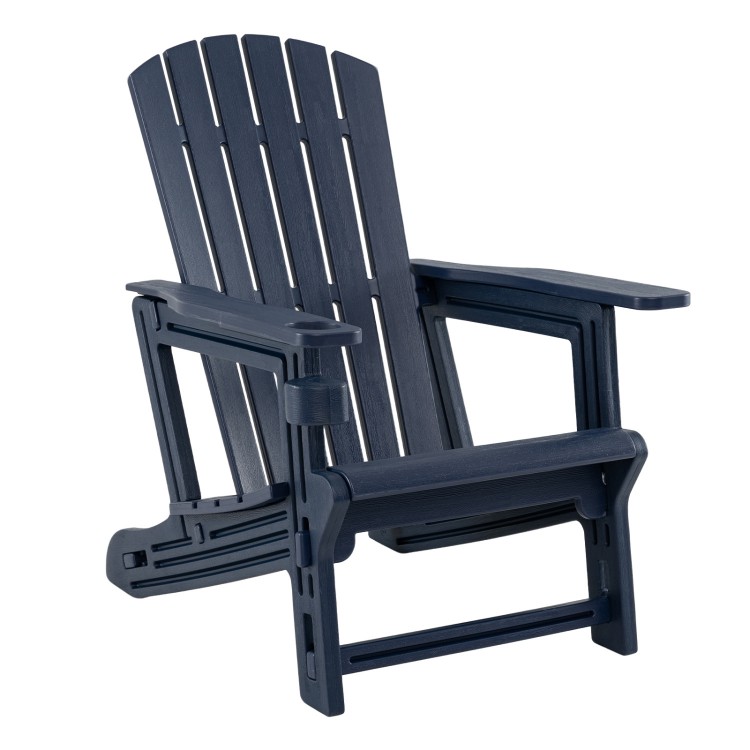 Blue HDPE Adirondack chair with cup holder and wood-like texture, perfect for relaxing in gardens or patios.