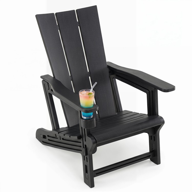 Black HDPE outdoor Adirondack chair features a curved backrest and built-in cup holder for comfort and convenience.