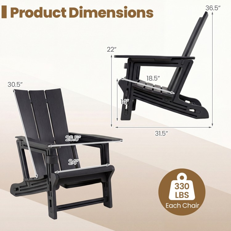 Black HDPE outdoor Adirondack chair features a curved backrest, wide armrests, and a built-in cup holder for comfort.