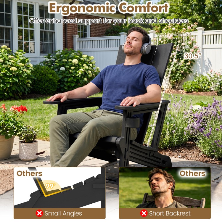 Black HDPE outdoor Adirondack chair with curved backrest and built-in cup holder, ideal for comfortable patio relaxation.