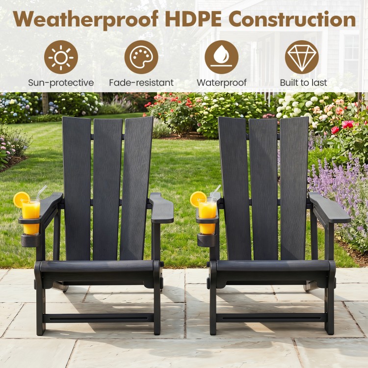Two black HDPE outdoor Adirondack chairs with cup holders feature a curved backrest and wide armrests for comfort.