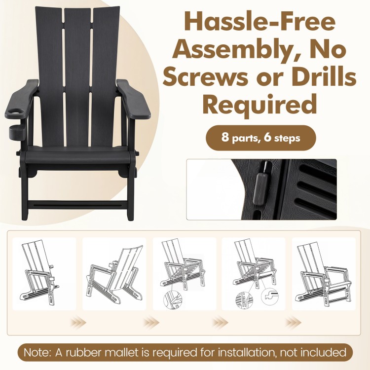 Black HDPE outdoor Adirondack chair with cup holder features a curved backrest and hassle-free assembly for easy setup.