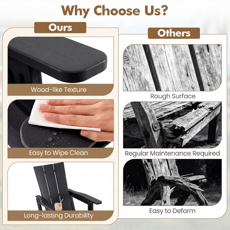 HDPE outdoor Adirondack chair in black features a wood-like texture, built-in cup holder, and easy-to-clean surface.