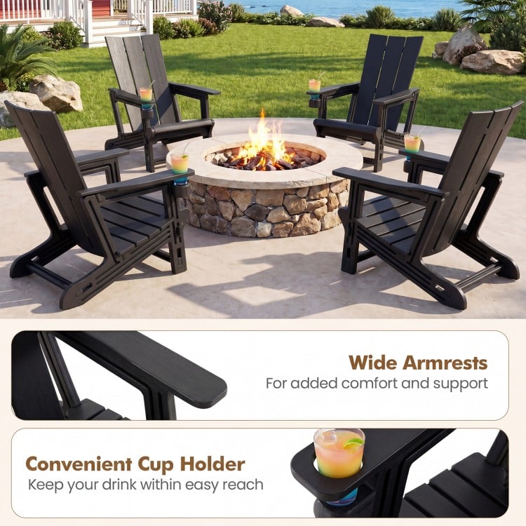 Black HDPE outdoor Adirondack chair features wide armrests and a built-in cup holder for comfort and convenience.