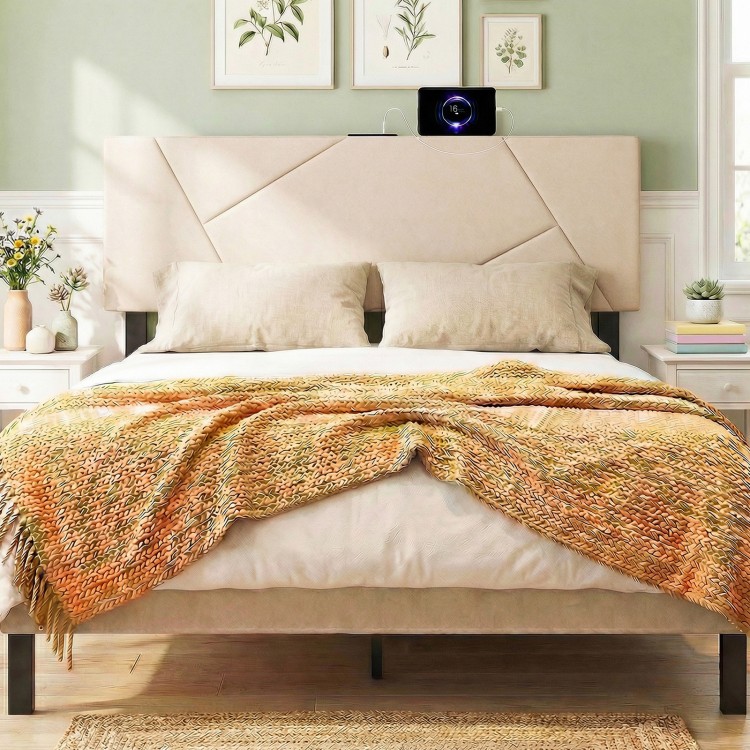 Geometric upholstered headboard in beige for full and queen size beds, featuring USB and type-C charging ports.