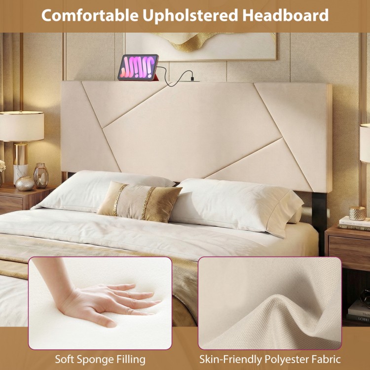 Beige geometric upholstered headboard with soft sponge filling and USB ports, perfect for full and queen size beds.