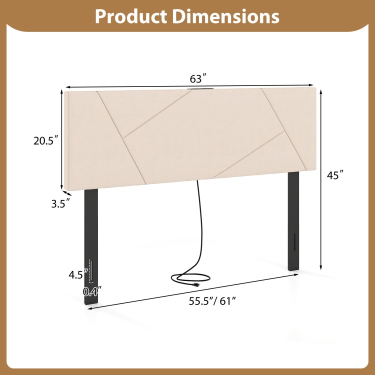 Beige geometric upholstered headboard dimensions for full and queen size beds, featuring charging ports and rubber wood.