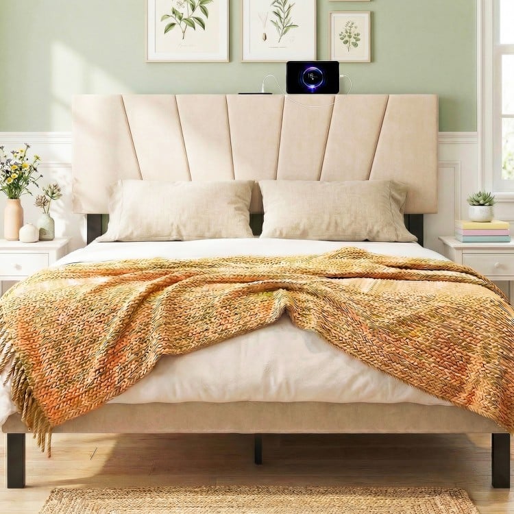 Beige geometric upholstered headboard for queen and full size beds, featuring USB and type-C ports for charging.