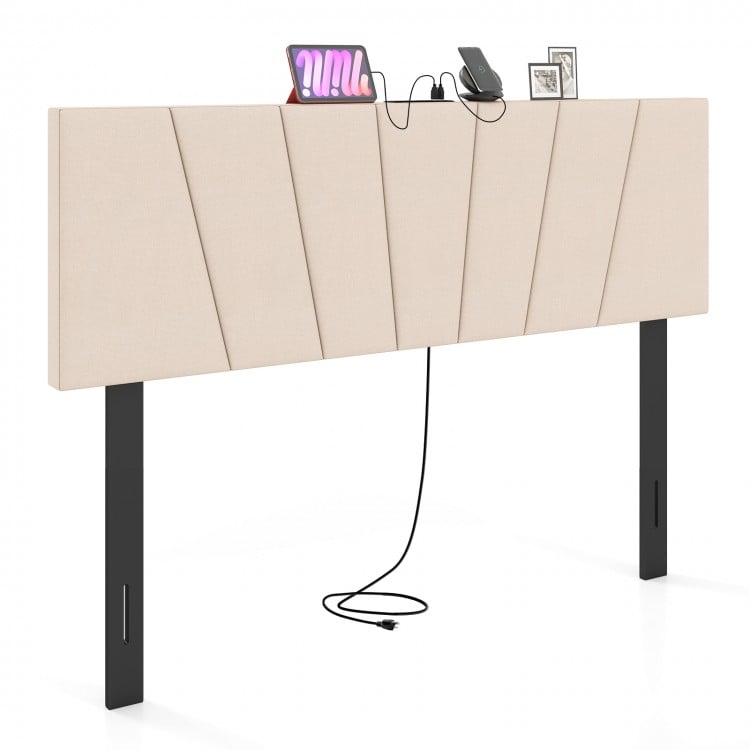 Geometric upholstered headboard in beige with rubber wood legs, featuring charging ports, for queen and full size beds.