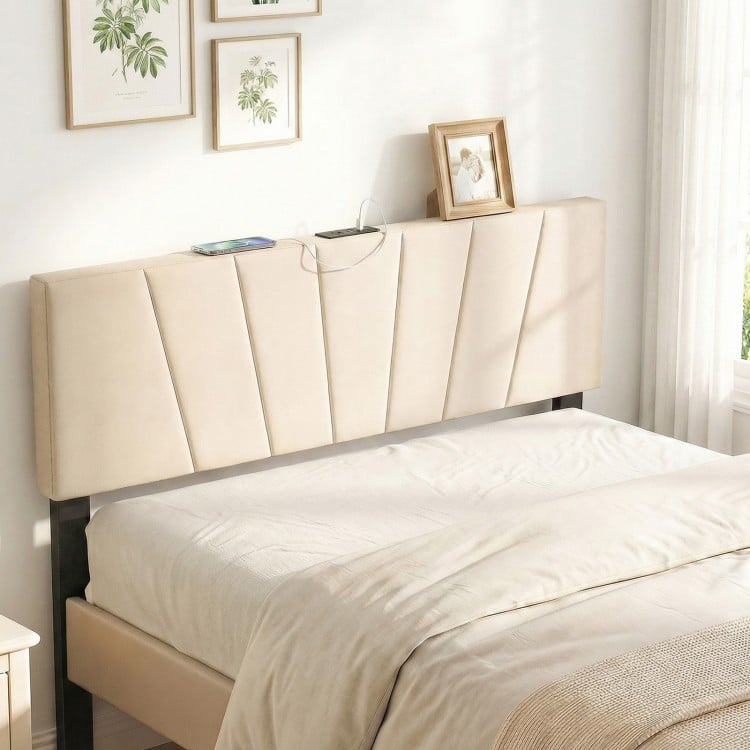 Geometric upholstered headboard in beige for queen and full size beds, featuring USB and Type-C charging ports.