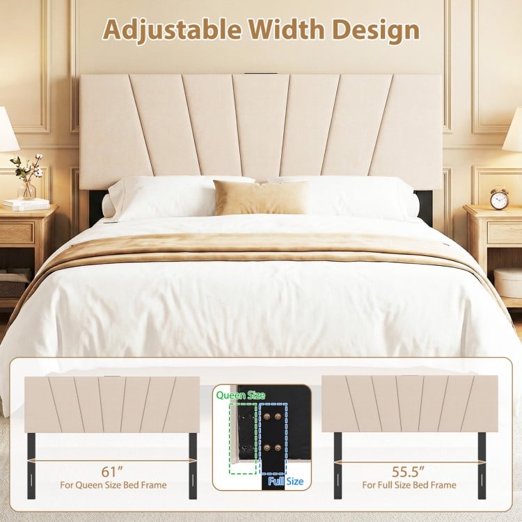 Beige geometric upholstered headboard for queen and full size beds, featuring adjustable width and USB charging ports.