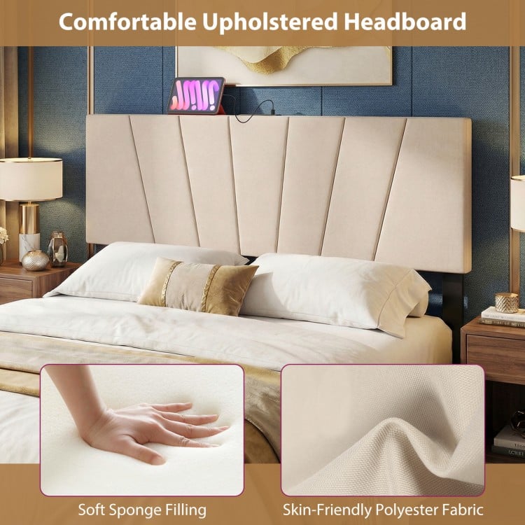 Geometric upholstered headboard in beige with soft sponge filling and USB ports, ideal for queen and full size beds.