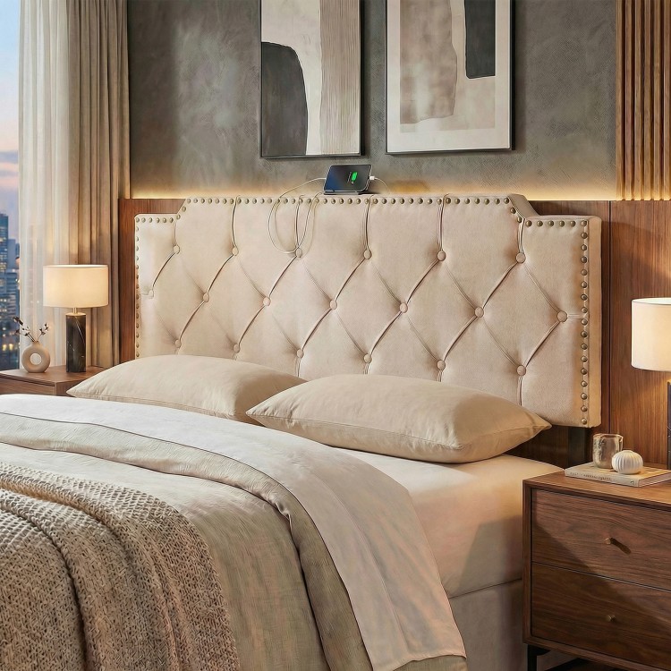 Beige tufted upholstered headboard for queen and full size beds, featuring USB and Type-C ports for convenient charging.