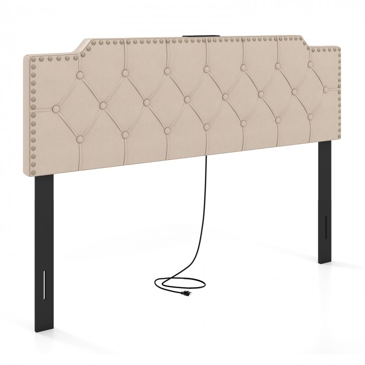 Beige rivet tufted upholstered headboard with USB and AC outlets, designed for queen and full size bed frames.
