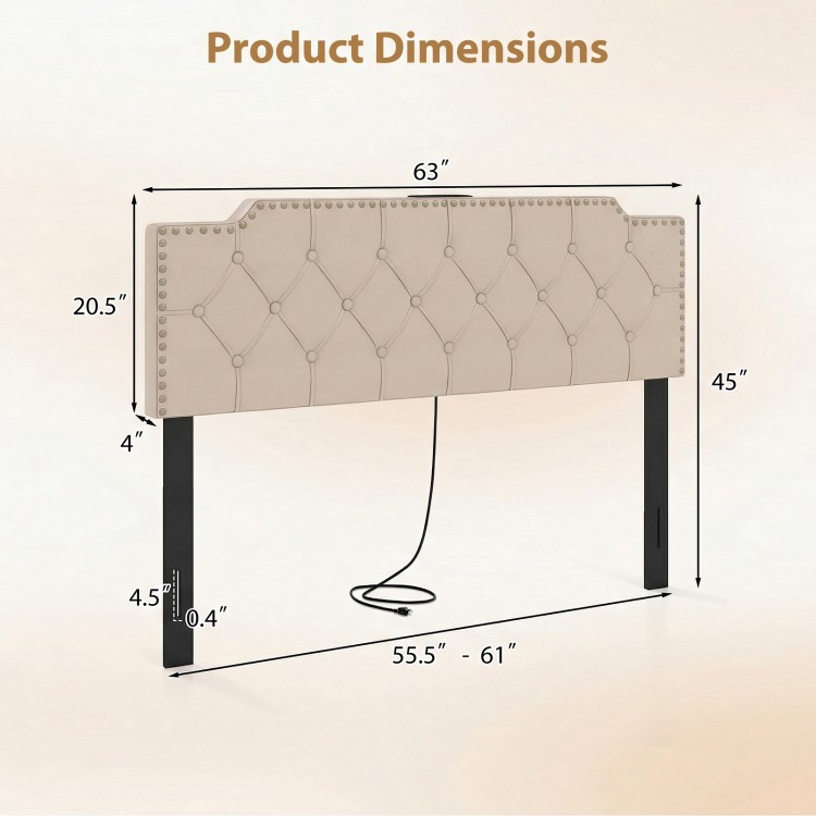 Rivet tufted beige headboard for queen and full size beds, featuring dimensions and charging ports for convenience.