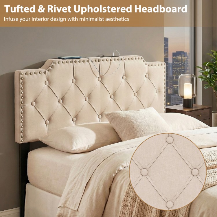 Beige tufted upholstered headboard for queen and full size beds, featuring rivets and convenient charging ports.