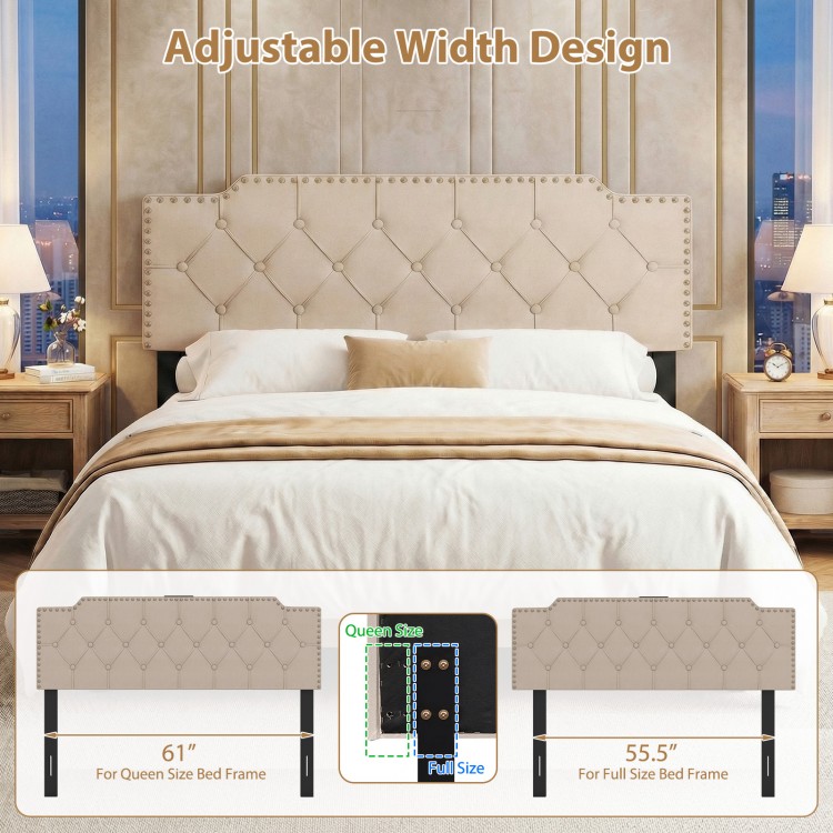 Rivet tufted beige upholstered headboard for queen and full size beds, featuring adjustable width and USB charging.
