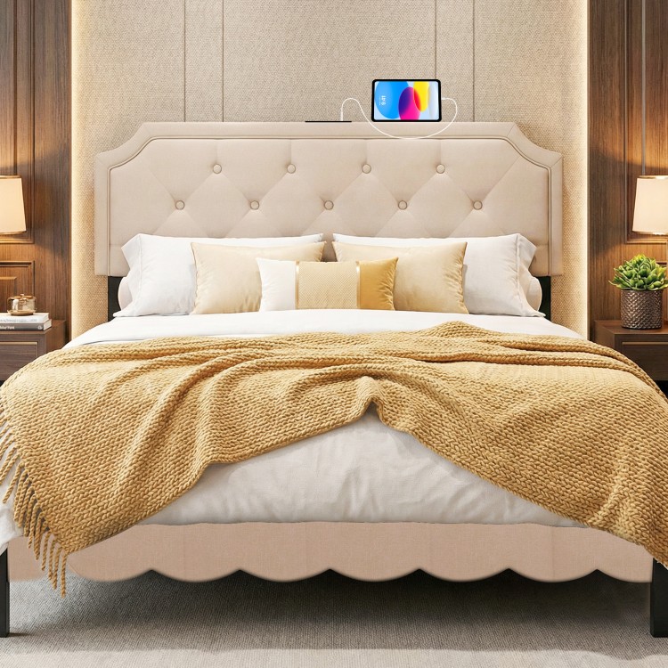Tufted upholstered headboard in beige for queen and full size beds, featuring charging ports and rubber wood legs.