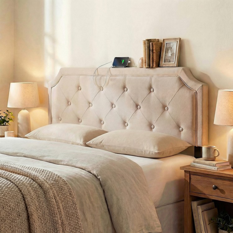 Tufted beige headboard for queen and full size beds with USB and type-C ports, enhancing minimalist bedroom design.