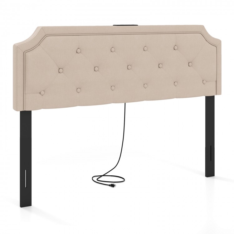 Tufted upholstered headboard in beige with USB and AC outlets, suitable for queen and full size bed frames.