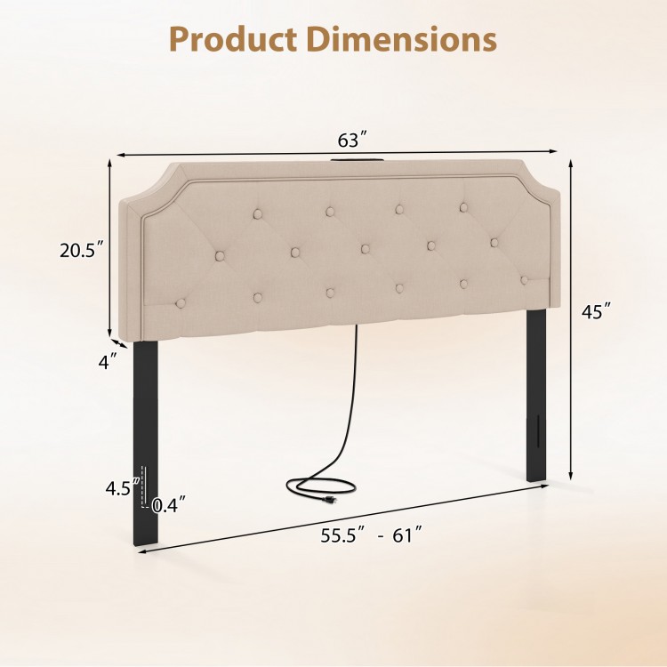 Beige tufted upholstered headboard dimensions for queen and full size beds, featuring USB and Type-C charging ports.