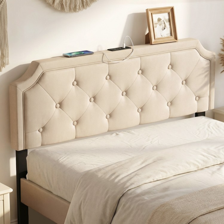 Tufted beige headboard for queen and full size beds with USB and type-C ports, featuring rubber wood legs for.