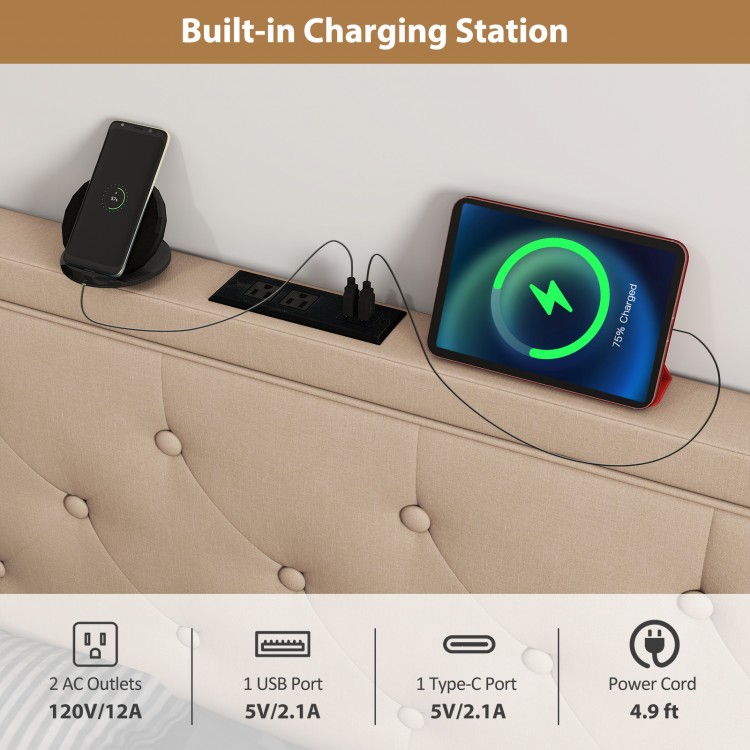 Tufted beige headboard with built-in charging station, featuring AC outlets and USB ports for convenient device.