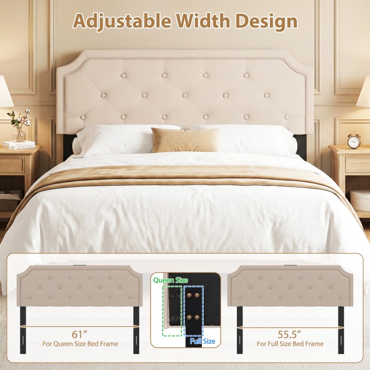 Tufted upholstered headboard in beige, adjustable width for queen and full size beds, featuring USB and Type-C ports.