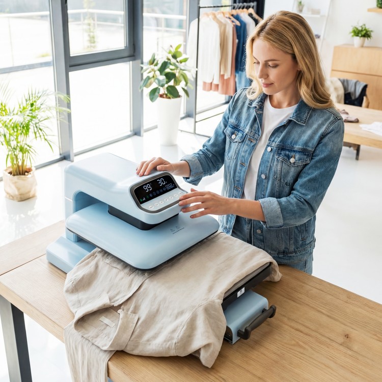 Heat press machine in blue with a 15x15 inch plate, featuring auto release and adjustable temperature for T-shirt.
