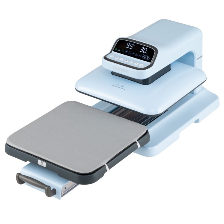 Heat press machine in blue with a 15 x 15 inch plate, featuring auto release and adjustable temperature for T-shirt.