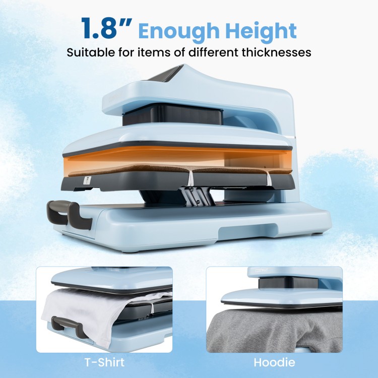 Heat press machine in blue with 1.8-inch height, suitable for T-shirts and hoodies, featuring dual-tube heating.