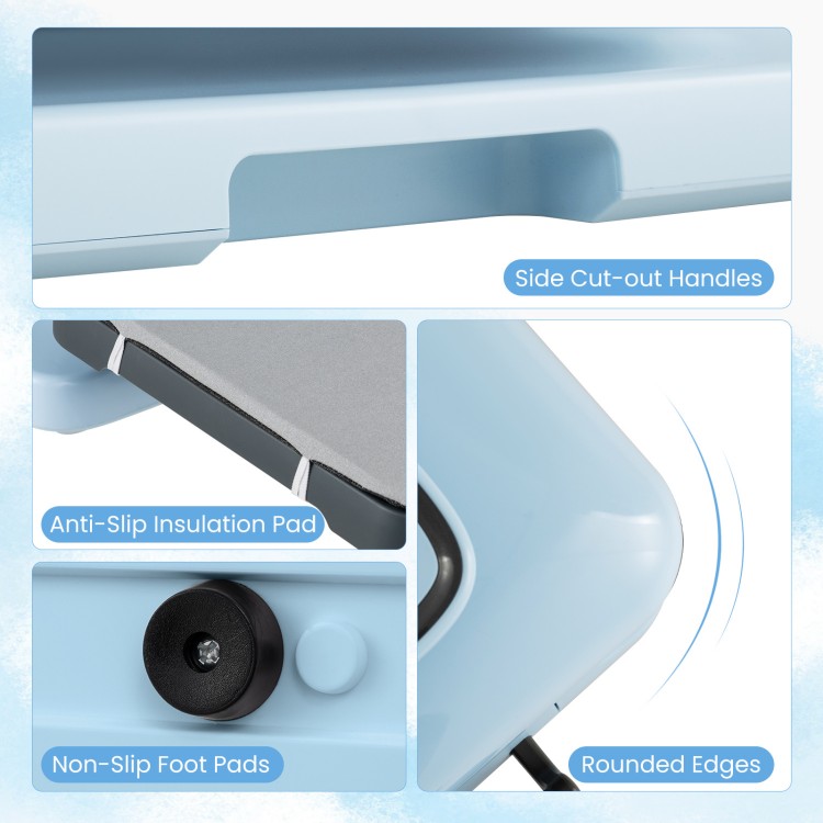 Side cut-out handles and anti-slip foot pads of the blue heat press machine for safe and stable operation.