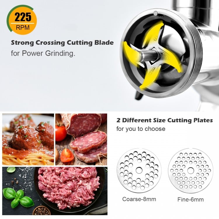 Heavy-duty commercial meat grinder with stainless steel housing, 225 RPM, and two cutting plates for versatile grinding.