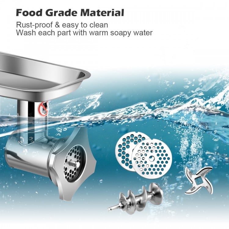 Stainless steel parts of the Heavy Duty 1.5HP Meat Grinder, showcasing FDA-approved material and easy cleaning features.
