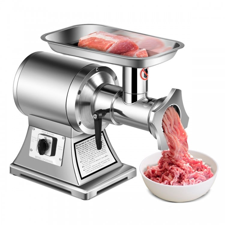 Heavy duty stainless steel meat grinder with 1.5HP motor, capable of grinding 550 lbs of meat per hour for commercial.