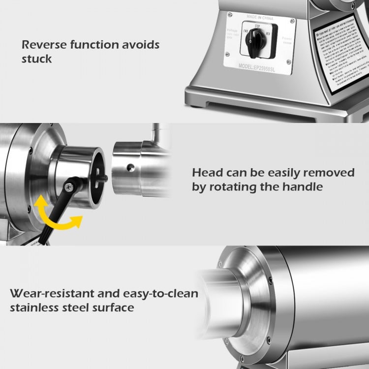 Close-up of the stainless steel head of the Heavy Duty Meat Grinder, featuring a detachable design for easy cleaning.