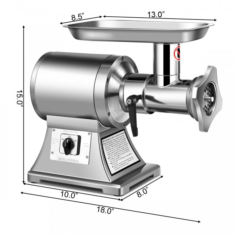 Heavy duty stainless steel meat grinder with 1.5HP motor, 550LB/h capacity, and detachable head for easy cleaning.