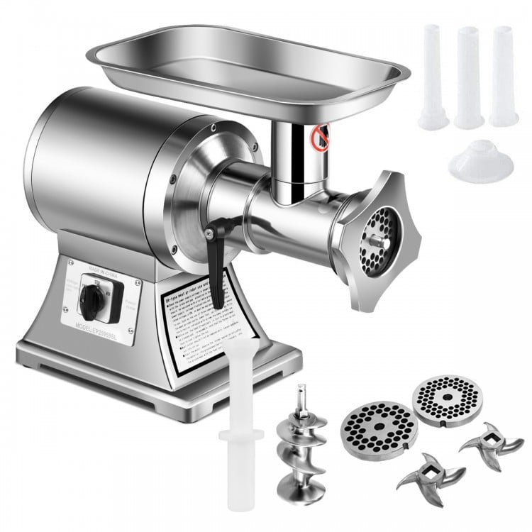 Heavy duty stainless steel meat grinder with 1.5HP motor, includes cutting plates and meat pusher for safe operation.